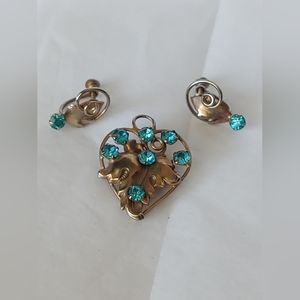Vintage Brooch Aqua gemstones with screwback earrings